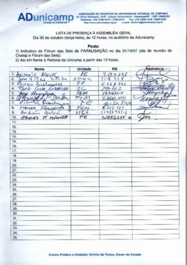 Lista de presença de Ata de Assembleia Geral de 30-10-2007