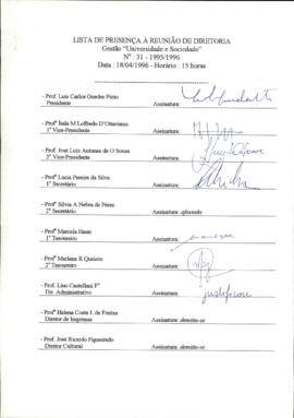 Ata de Reunião da Diretoria número 31 / 1995-1996 em 18/04/1996 às 15:00.