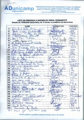 Lista de presença de Ata de Assembleia Geral de 15-06-2004