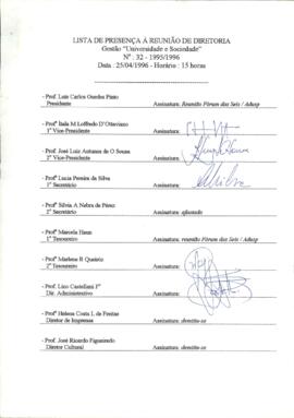 Ata de Reunião da Diretoria número 32 / 1995-1996 em 25/04/1996 às 15:00.