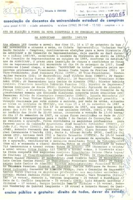 Ata de Eleição e Posse da Sétima Diretoria e do Conselho de Representantes (gestão 1987 a 1989).