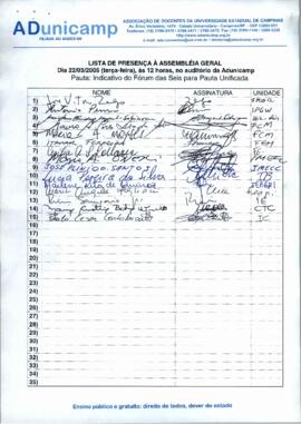 Lista de presença de Ata de Assembleia Geral de 22-03-2005