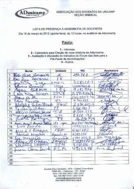 Lista de presença de Ata de Assembleia Geral de 15-03-2012