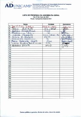 Lista de presença de Ata de Assembleia Geral de 15-05-2001