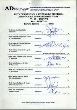 Ata de Reunião da Diretoria número 25 / 1996-1998 em 16/03/1998 às 14:30.