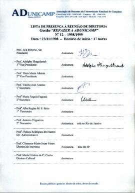 Ata de Reunião da Diretoria número 12 / 1998-1999 em 23/11/1998 às 17:00.