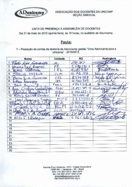 Lista de presença de Ata de Assembleia Geral de 31-05-2012