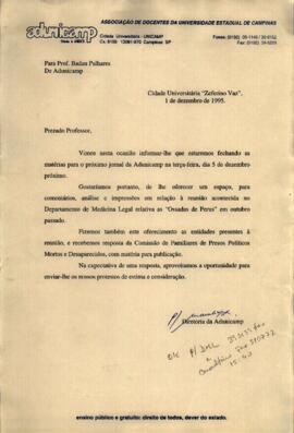 Correspondência da diretoria da ADunicamp a Fortunato Antônio Badan Palhares
