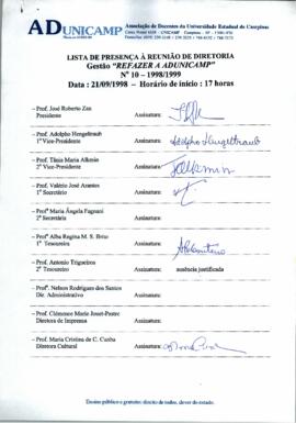 Ata de Reunião da Diretoria número 10 / 1998-1999 em 21/09/1998 às 17:00.