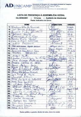 Lista de presença de Ata de Assembleia Geral de 29-08-2001