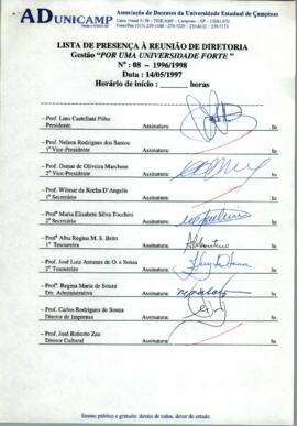 Ata de Reunião da Diretoria número 08 / 1996-1998 em 14/05/1997 às 09:30.