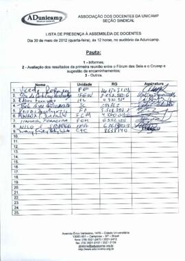 Lista de presença de Ata de Assembleia Geral de 30-05-2012