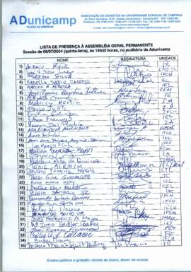 Lista de presença de Ata de Assembleia Geral de 08-07-2004