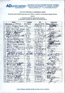 Lista de presença de Ata de Assembleia Geral de 29-05-2007