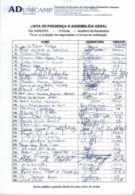 Lista de presença de Ata de Assembleia Geral de 14-08-2001