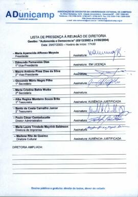 Ata de Reunião da Diretoria 2002-2004 em 29/07/2003 às 17:30.