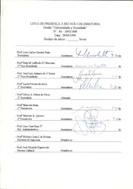 Ata de Reunião da Diretoria número 44 / 1995-1996 em 25/09/1996 às 09:30.