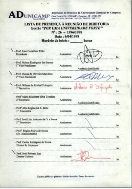 Ata de Reunião da Diretoria número 26 / 1996-1998 em 06/04/1998 às 11:00.