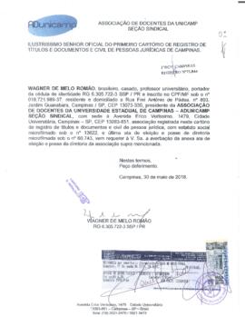 Carta de solicitação de registro em cartório.