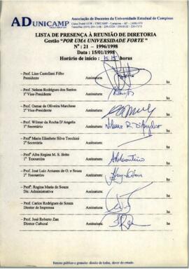 Ata de Reunião da Diretoria número 21 / 1996-1998 em 15/01/1998 às 15:15.