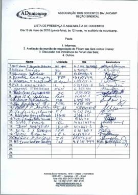 Lista de presença de Ata de Assembleia Geral de 13-05-2010