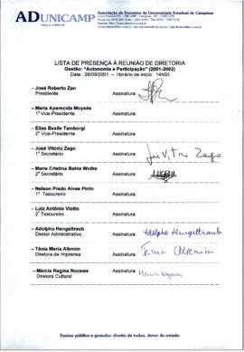 Ata de Reunião da Diretoria 2001-2002 em 28/09/2001 às 14:00.