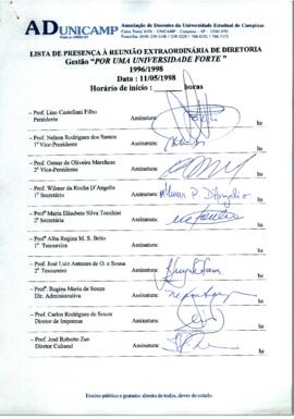 Ata de Reunião Extraordinária da Diretoria 1996-1998 em 11/05/1998 às 17:30.