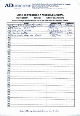 Lista de presença de Ata de Assembleia Geral de 07-06-2001