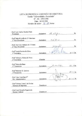 Ata de Reunião da Diretoria número 46 / 1995-1996 em 16/10/1996 às 10:00.
