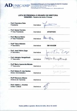 Ata de Reunião da Diretoria 1999-2001 em 30/08/2000 às 09:00.