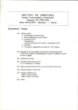 Ata de Reunião da Diretoria número 45 / 1995-1996 em 09/10/1996 às 09:30.