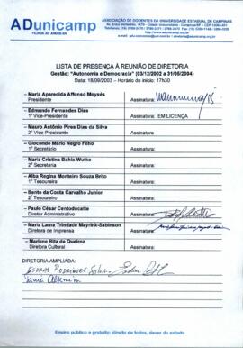 Ata de Reunião da Diretoria 2002-2004 em 18/09/2003 às 17:30.