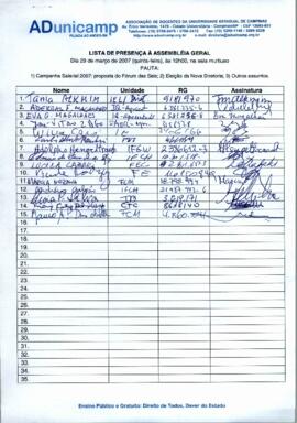 Lista de presença de Ata de Assembleia Geral de 29-03-2007