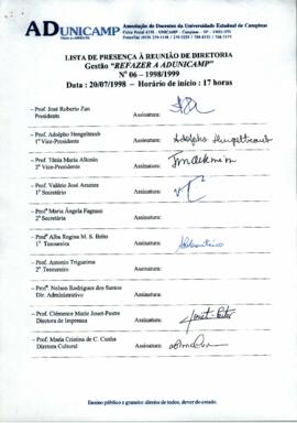 Ata de Reunião da Diretoria número 06 / 1998-1999 em 20/07/1998 às 17:00.