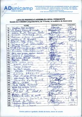 Lista de presença de Ata de Assembleia Geral de 21-06-2004