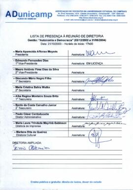 Ata de Reunião da Diretoria 2002-2004 em 21/10/2003 às 17:00.