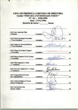 Ata de Reunião da Diretoria número 01 / 1996-1998 em 27/11/1996 às 09:30.