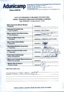 Ata de Reunião da Diretoria 2002-2004 em 23/06/2003 às 17:30.