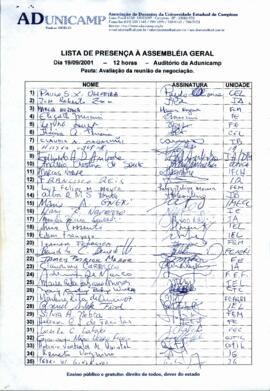 Lista de presença de Ata de Assembleia Geral de 19-09-2001