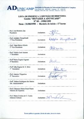 Ata de Reunião da Diretoria número 09 / 1998-1999 em 31/08/1998 às 17:00.