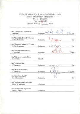 Ata de Reunião da Diretoria número 42 / 1995-1996 em 04/09/1996 às 09:30.