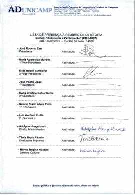 Ata de Reunião da Diretoria 2001-2002 em 24/08/2001 às 14:00.