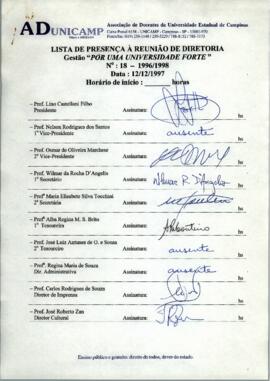 Ata de Reunião da Diretoria número 18 / 1996-1998 em 12/12/1997 às 09:00.