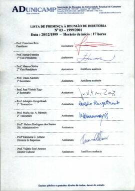 Ata de Reunião da Diretoria número 03 / 1999-2001 em 20/12/1999 às 17:00.