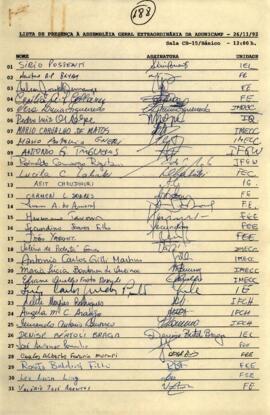 Lista de presença de Ata de Assembleia Geral Extraordinária de 26-11-1992