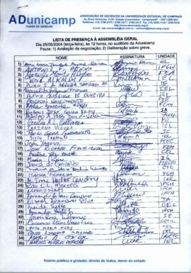 Lista de presença de Ata de Assembleia Geral de 25-05-2004