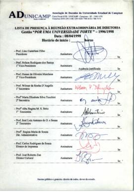 Ata de Reunião Extraordinária da Diretoria 1996-1998 em 08/04/1998 às 12:30.