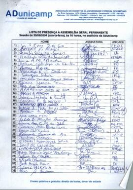 Lista de presença de Ata de Assembleia Geral de 30-06-2004