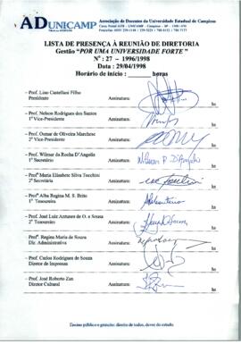 Ata de Reunião da Diretoria número 27 / 1996-1998 em 29/04/1998 às 14:00.