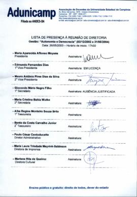 Ata de Reunião da Diretoria 2002-2004 em 26/05/2003 às 17:30.